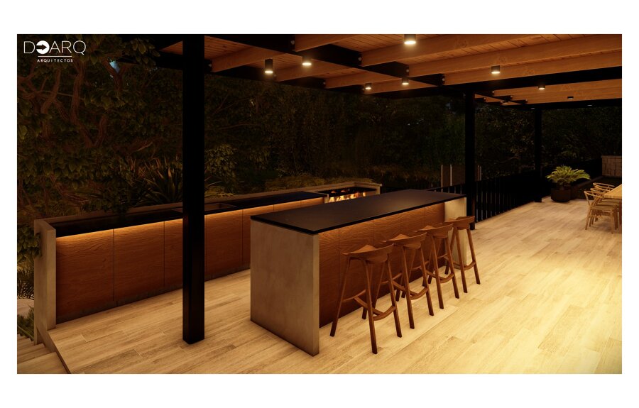 Diseño de barra y comedor exterior en terraza residencial