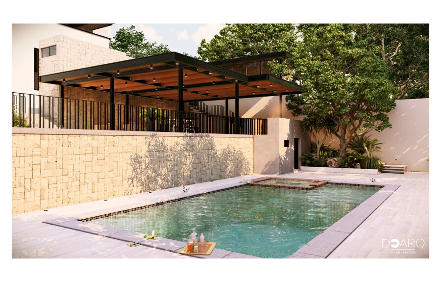 Diseño de terraza moderna con alberca integrada