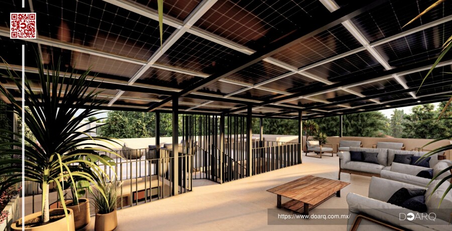 Render de terraza moderna con paneles solares