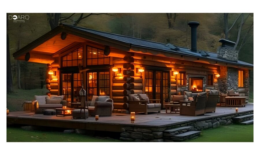 Cabaña de estilo rústico con iluminación cálida y ambiente natural.