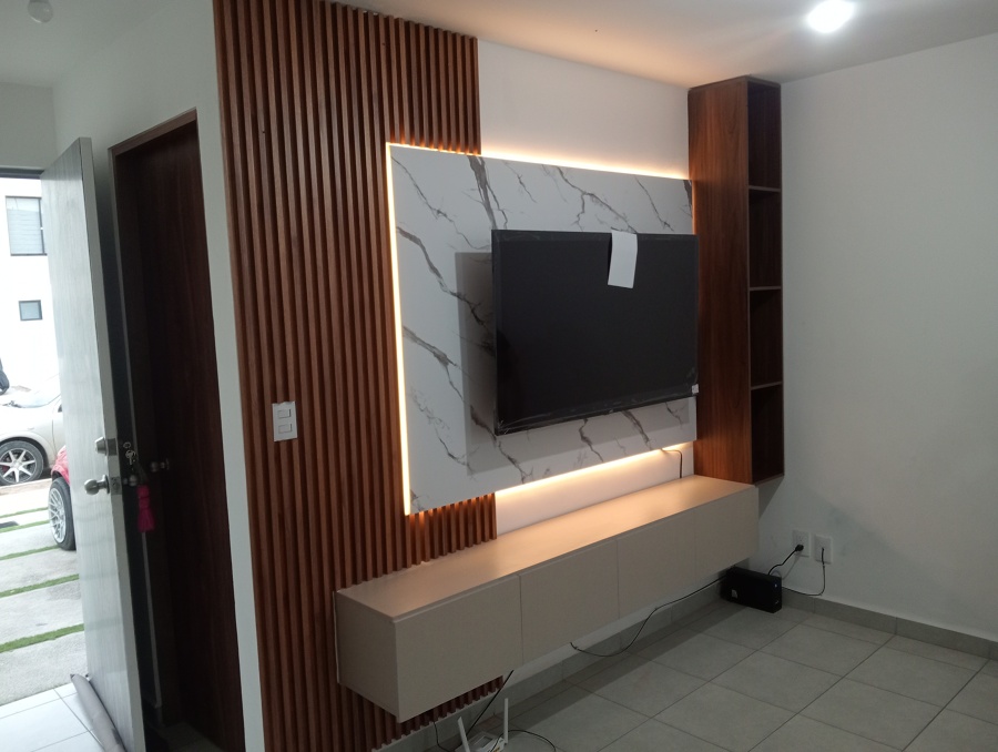 mueble tv con lambrin y luces led