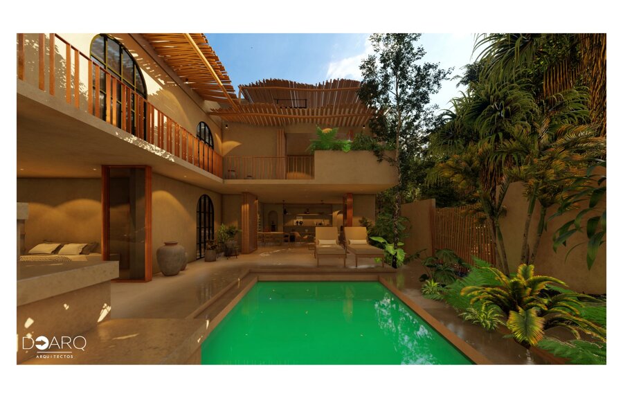 Terraza tropical con alberca y diseño contemporáneo.