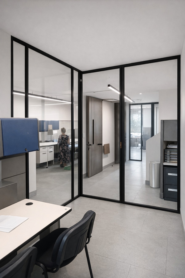 Cancel corredizo en aluminio color negro y cristal claro 6 mm templado