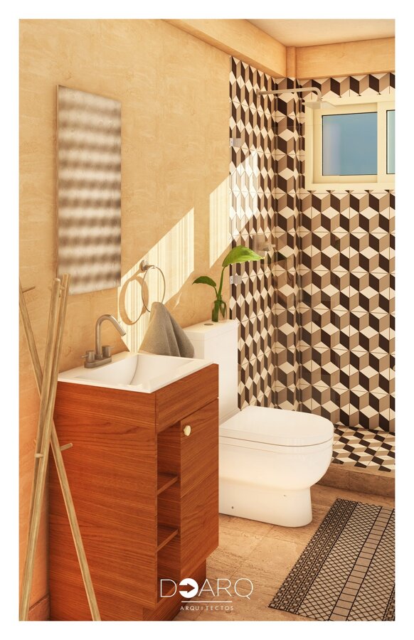 Baño con diseño elegante y materiales naturales