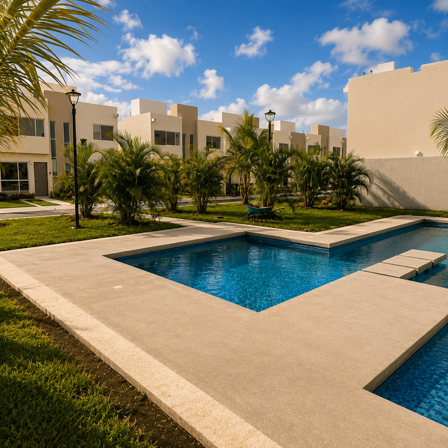 Alberca contemporánea con paisajismo tropical y diseño exterior residencial