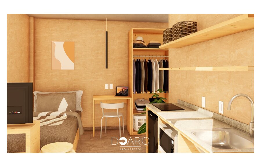 Espacio integral con acabados en madera y ambiente acogedor