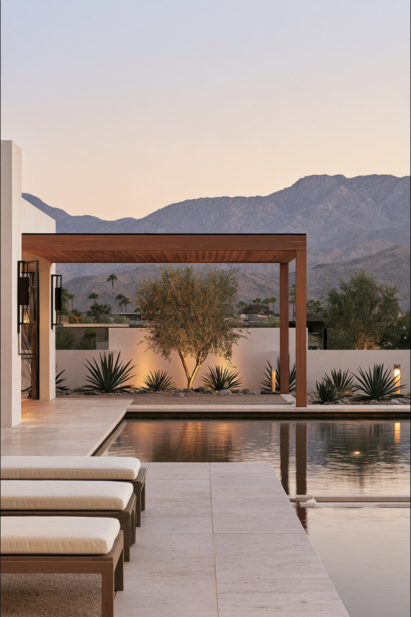 Diseño de terraza residencial con alberca, madera y paisaje desértico | Grupo Aldea