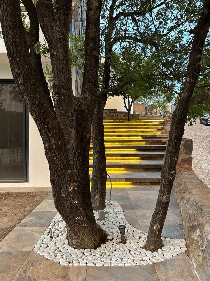 Acceso exterior con iluminación arquitectónica