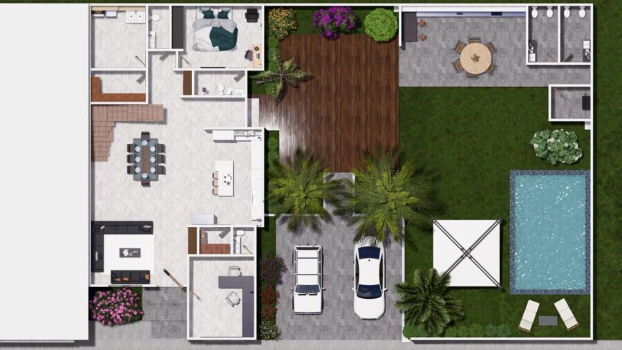 Planta baja en maqueta 3D · Residencia contemporánea para Mexicali y Guamúchil