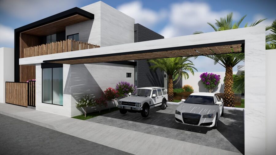 Fachada lateral y acceso · Residencia contemporánea en Mexicali y Guamúchil