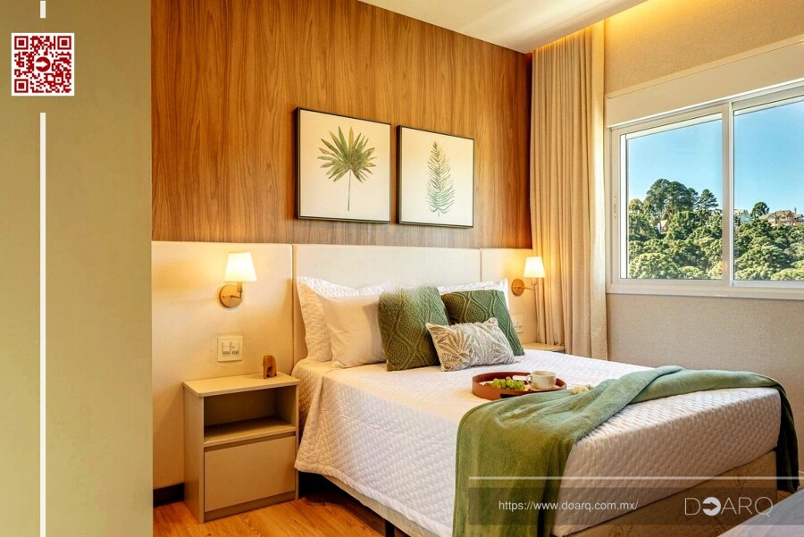 Dormitorio cálido con detalles en madera