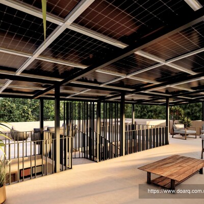 Render de terraza moderna con paneles solares