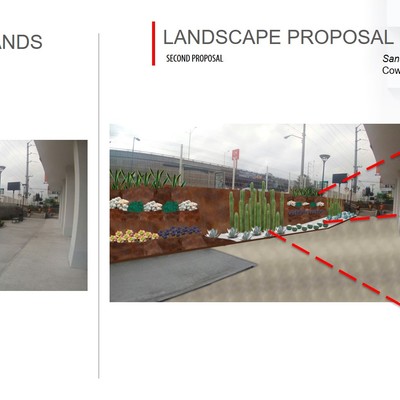 Diseño paisajístico de acceso principal en centro comercial.