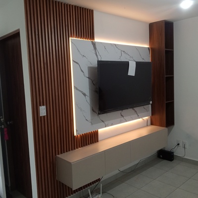 mueble tv con lambrin y luces led