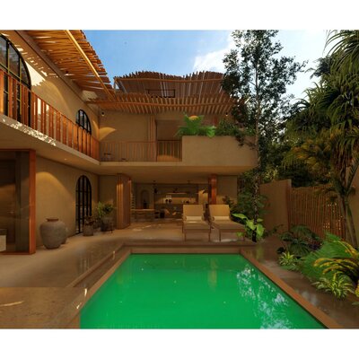 Terraza tropical con alberca y diseño contemporáneo.