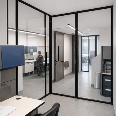 Cancel corredizo en aluminio color negro y cristal claro 6 mm templado