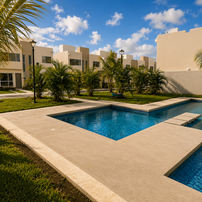 Alberca contemporánea con paisajismo tropical y diseño exterior residencial