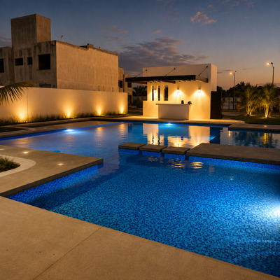Alberca residencial de diseño con iluminación arquitectónica y área social