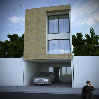 Fachada minimalista con cantera