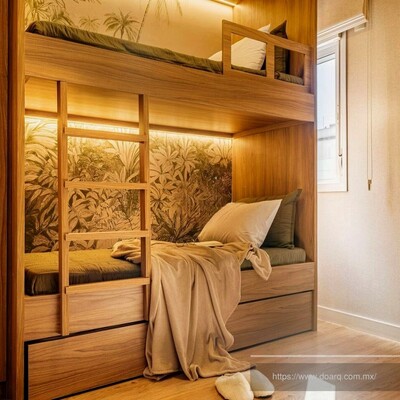 Litera de diseño con madera y luz ambiental.