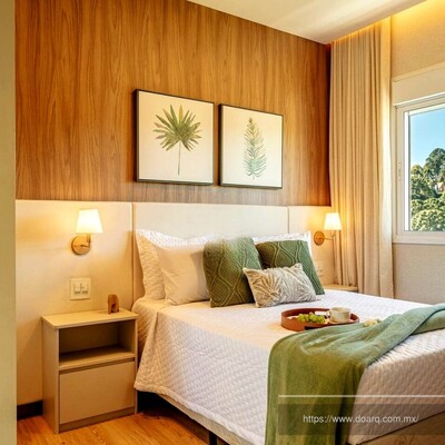 Dormitorio cálido con detalles en madera