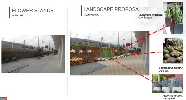 Diseño paisajístico de acceso principal en centro comercial.