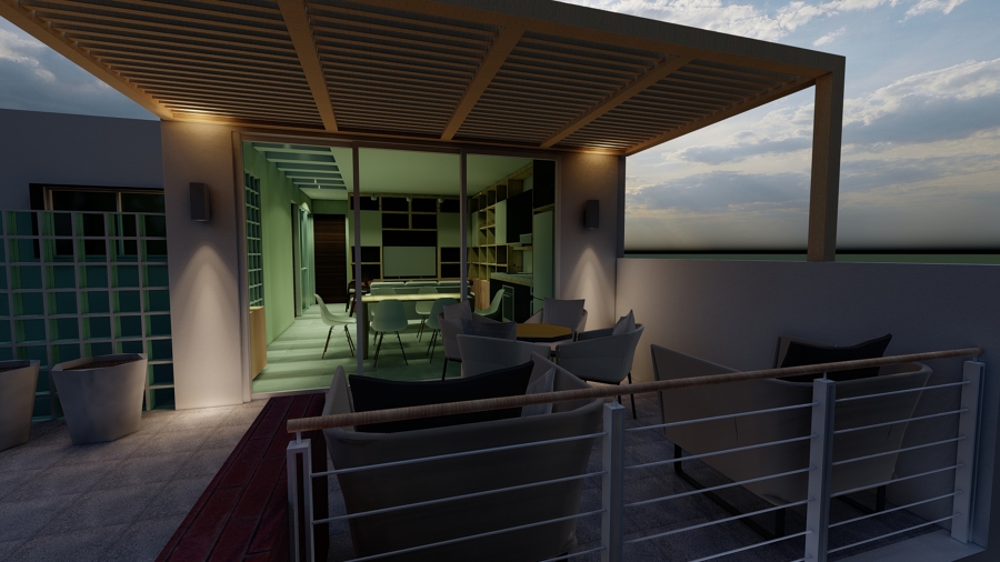 Fachada exterior de noche.