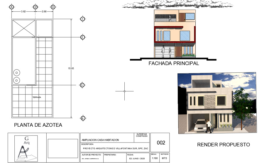 fachada principal y planta de azotea