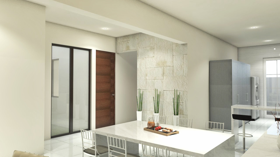 Interior, vista de comedor a los cuartos y patio central