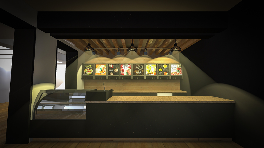 Modelado 3D y visualización de proyecto de cafetería.