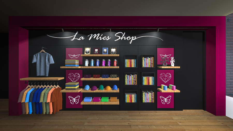 Modelado 3D y visualización de proyecto de tienda conmemorativa.