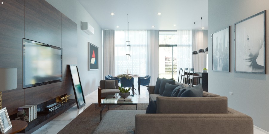 Renderizado de interiores, sala y comedor