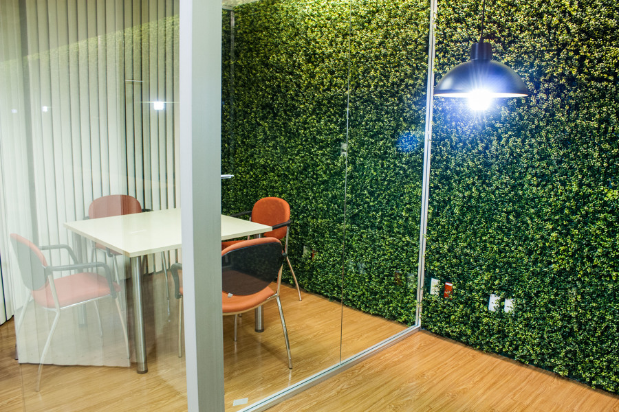 Salas de juntas y muro verde.