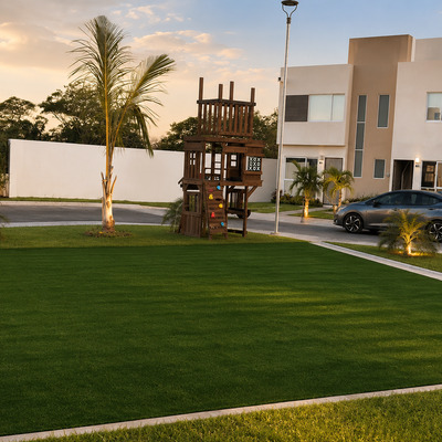 Instalación profesional de pasto sintético en área recreativa residencial