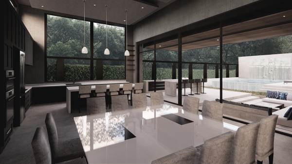Cocina y comedor doble altura