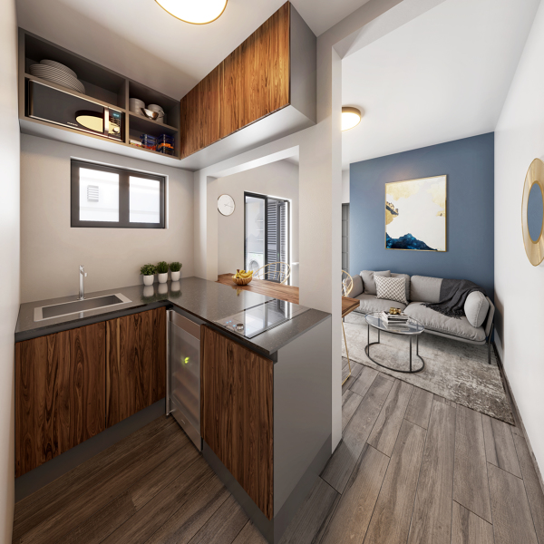 cocina y sala (render)