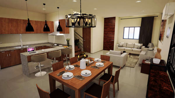 render interior vista desde ventanal de patio